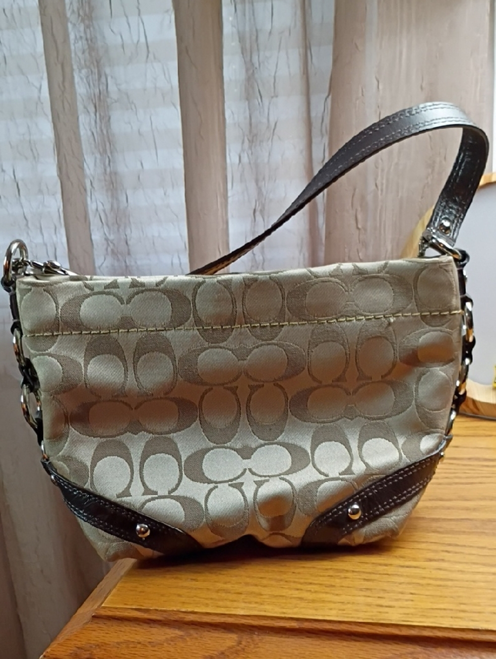 Coach Monogram Shoulder Bag in Light Khaki and Brown Trim